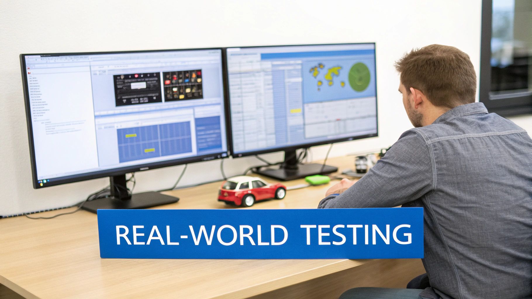 A man works at a desk with two computer monitors displaying data, a toy car, and a 'REAL-WORLD TESTING' sign.