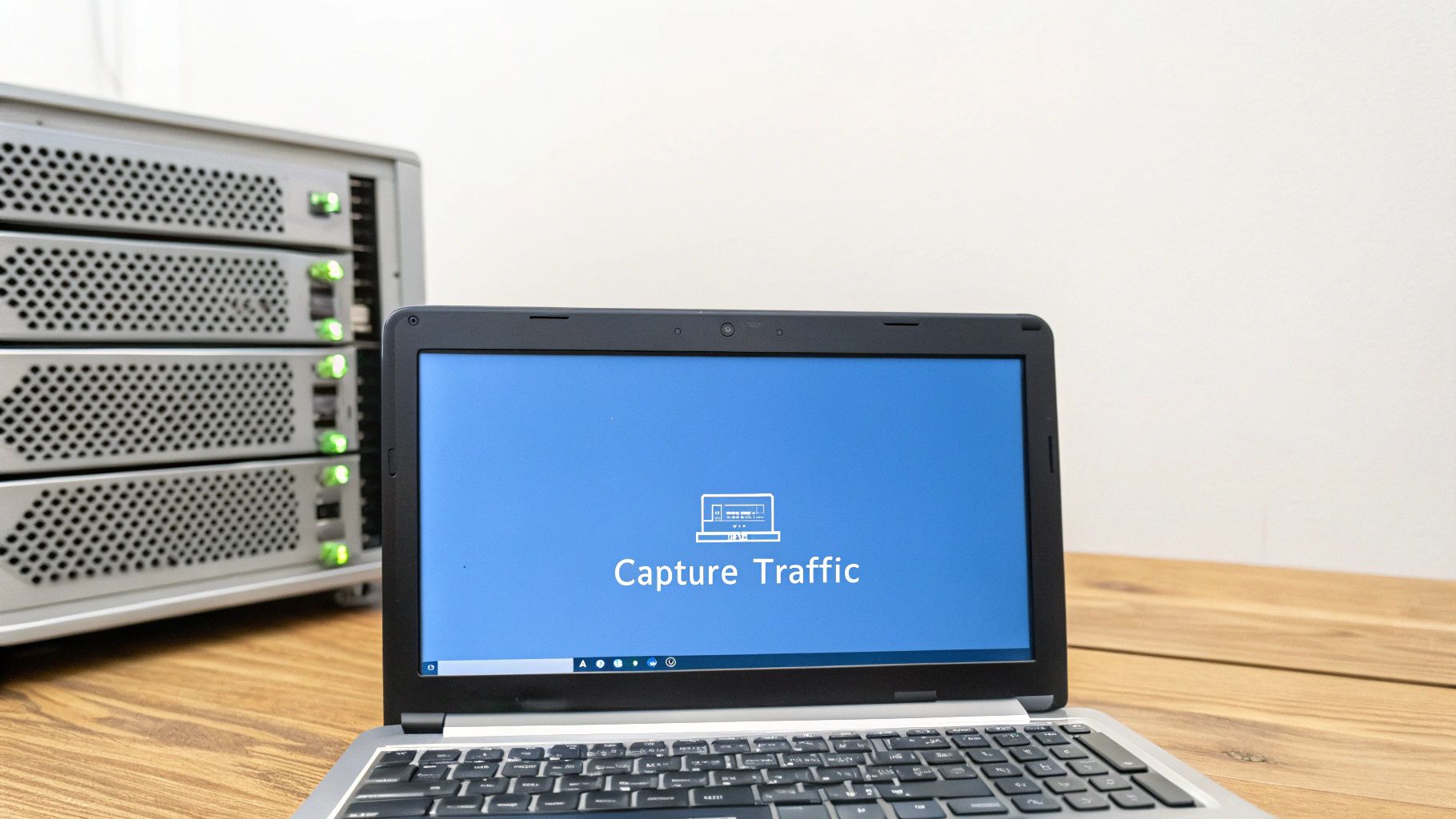 A laptop displaying 'Capture Traffic' with an icon, positioned next to a stack of server racks with green indicator lights.