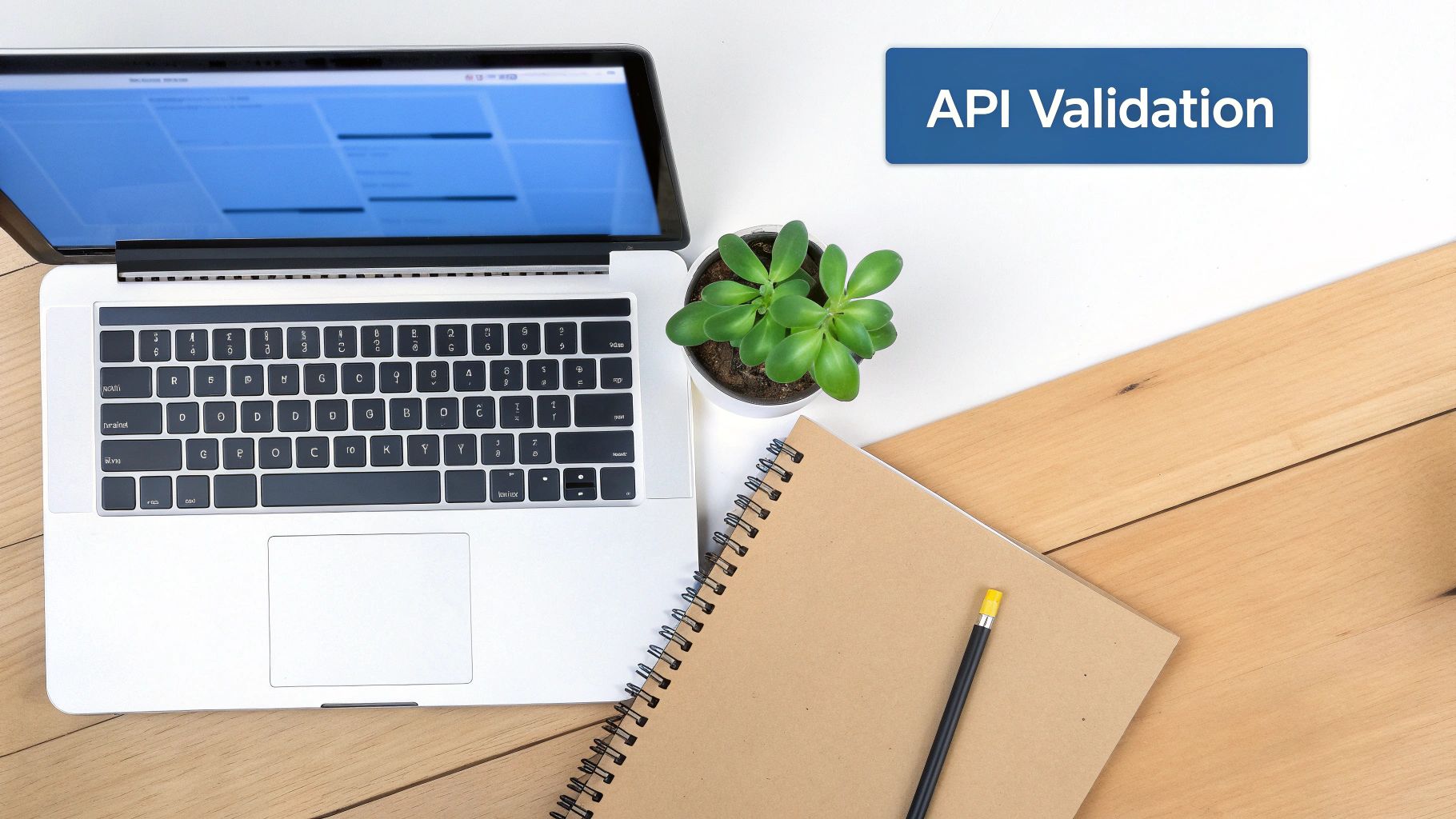 Overhead shot of a white desk with a laptop, a plant, a notebook, and an 'API Validation' sign.