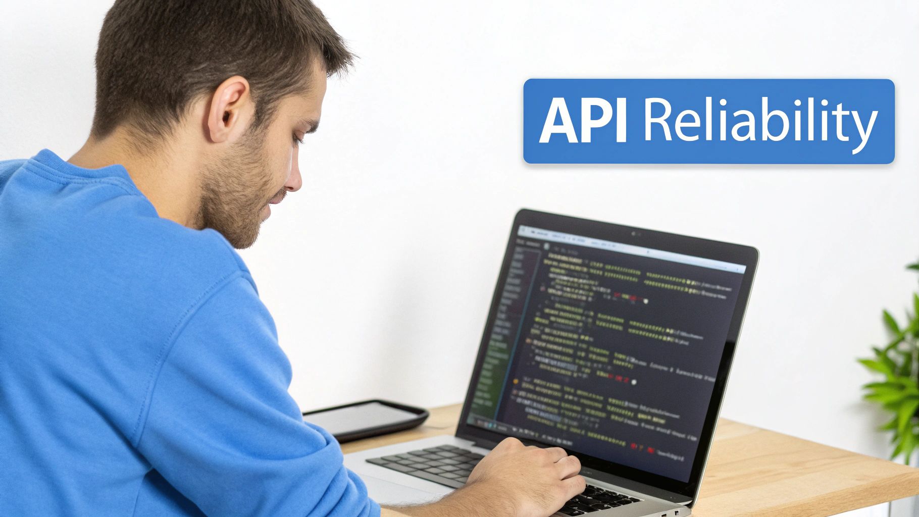 A male developer in a blue sweatshirt coding on a laptop, with a banner showing 'API Reliability'.