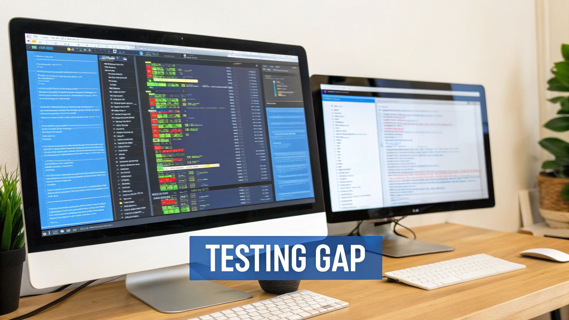 Two computer monitors display code and data on a desk with keyboard and mouse, labeled 'TESTING GAP'.