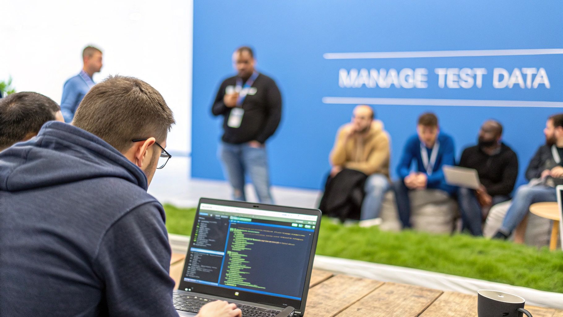A man in a blue hoodie works intently on a laptop displaying code, surrounded by others.