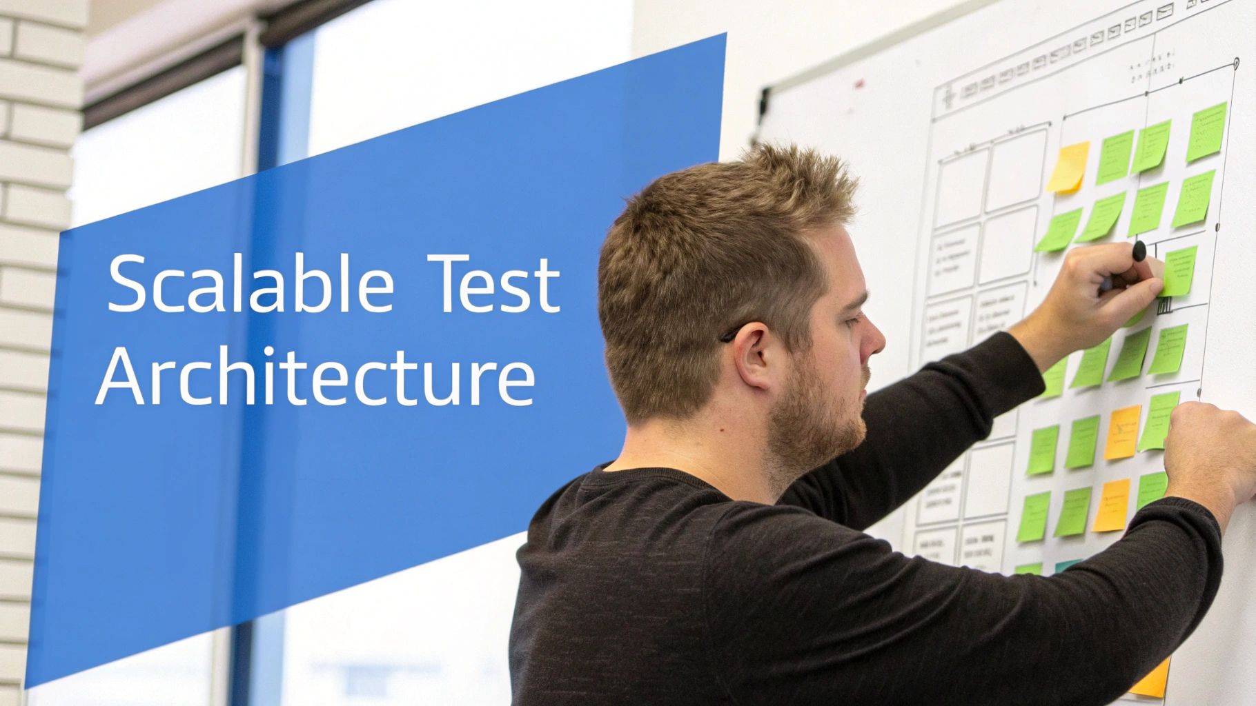 A man adds sticky notes to a whiteboard detailing 'Scalable Test Architecture' for a project.