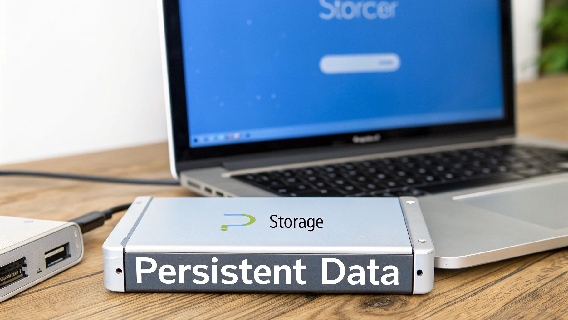External hard drive labeled 'Persistent Data' and 'P Storage' connected to a laptop on a wooden desk.