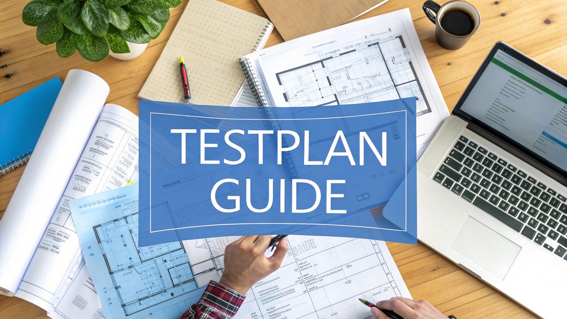- A photo-realistic overhead view of a developer’s workspace with blueprints, code on a laptop screen, and QA notes subtly blurred around the edges, featuring 'TestPlan Guide' text prominently centered on a solid background block in the golden ratio position with sharp, high-contrast edges