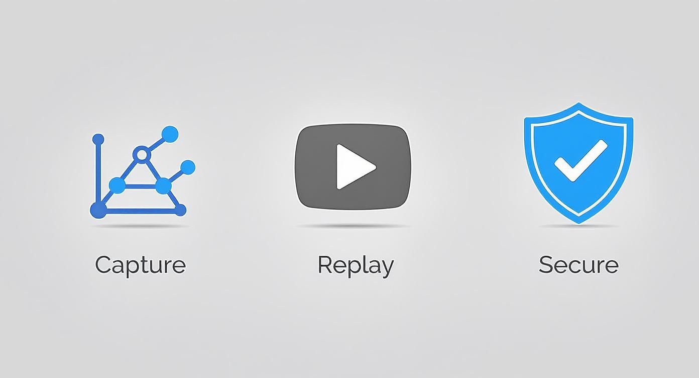 Three icons illustrating a data process: capture (network graph), replay (play button), and secure (shield with checkmark).