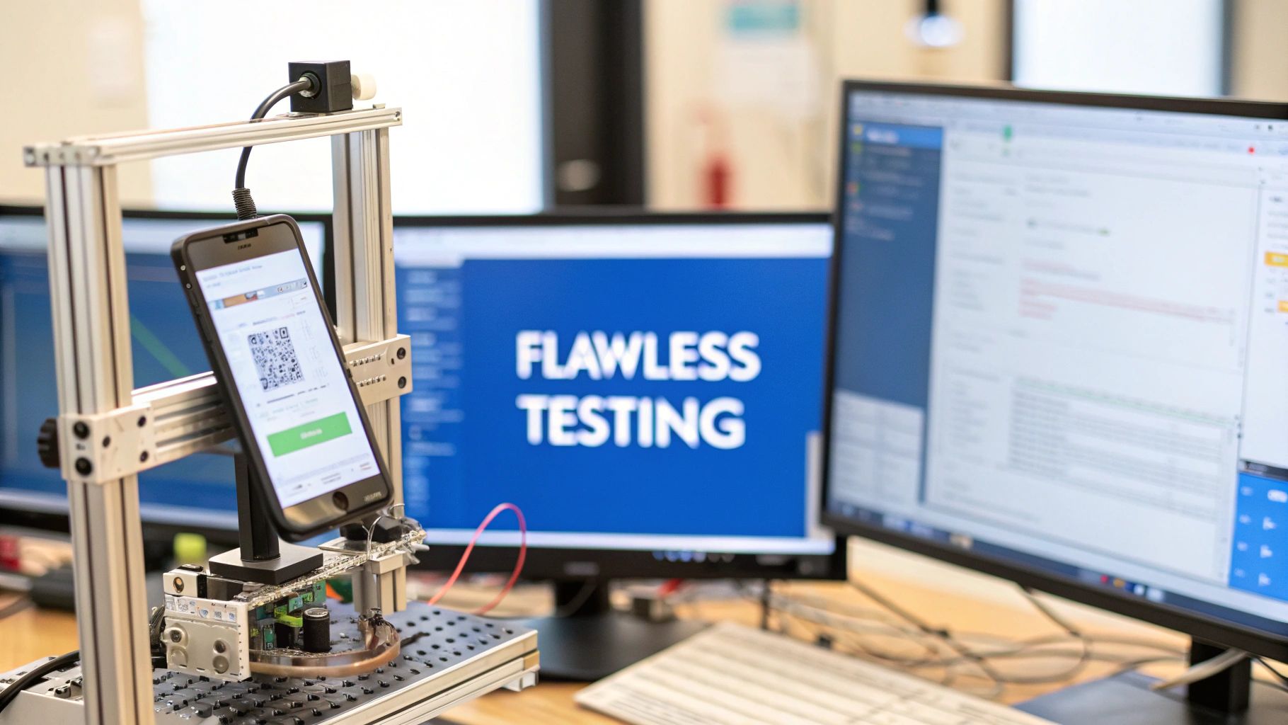 - A photo-realistic testing lab workspace with a modern smartphone attached to an automation rig, blurred code snippets and performance charts on nearby monitors, featuring “Flawless Testing” text prominently displayed on a solid background block at the golden ratio position, with devices and screens softly lit to support the text’s message