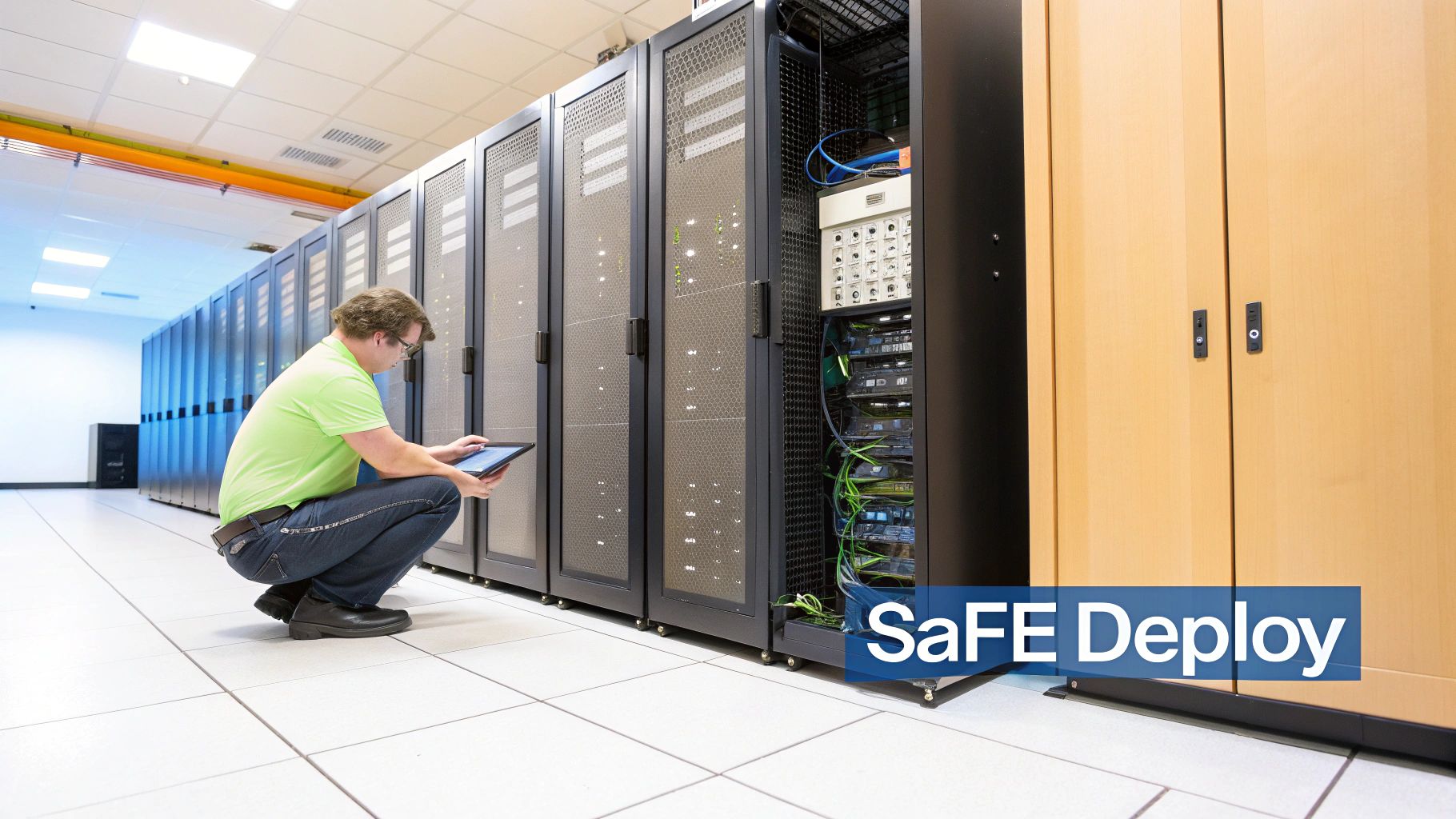 IT technician monitoring server infrastructure during safe deployment process in modern data center