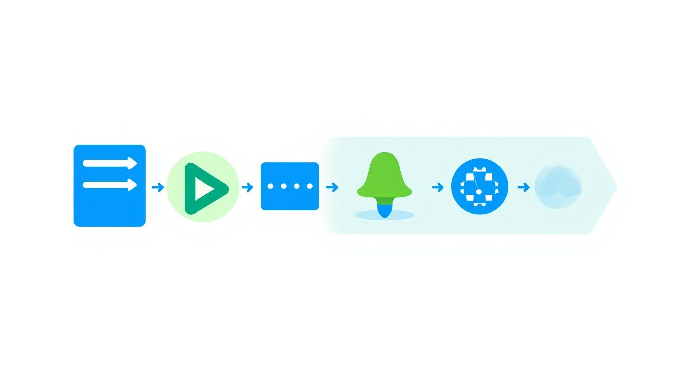 A diagram illustrating a workflow with interconnected blue and green icons, representing data processing steps.