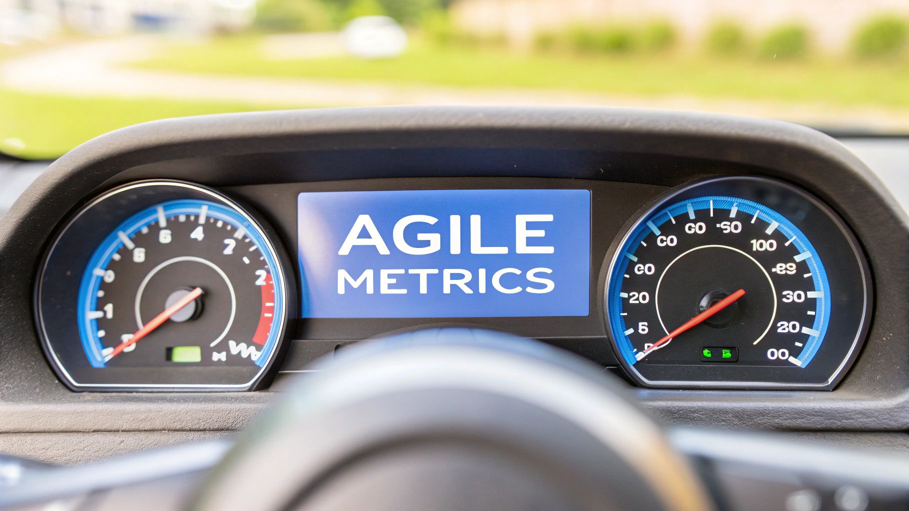 - A photorealistic close-up of a modern vehicle dashboard with illuminated analog gauges and digital meters softly blurred in the background, with 'Agile Metrics' text sharply rendered on a solid background block placed in the golden ratio position, ensuring perfect legibility, surrounding instrumentation is subdued to highlight the text