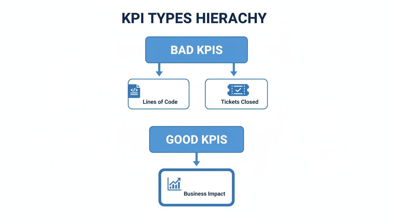 KPI types hierarchy diagram contrasting bad KPIs like 'Lines of Code' with good KPIs such as 'Business Impact'.