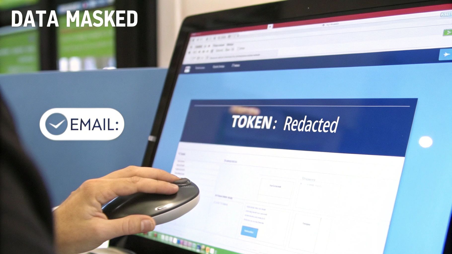 A person's hand uses a mouse on a laptop displaying 'TOKEN: Redacted' and 'EMAIL:', indicating data masking.