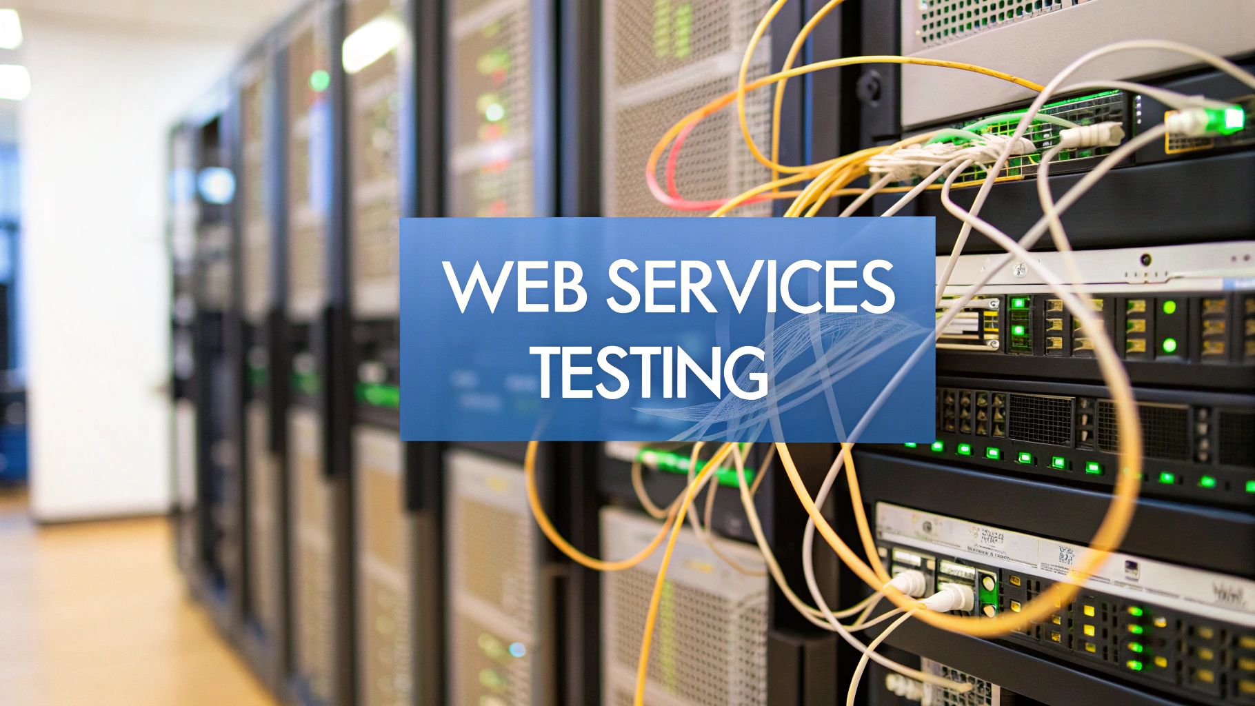 - A photo-realistic thumbnail depicting a subtle network of server racks, API icons, and flowing data connections softly blurred in the background, featuring "Web Services Testing" text centered on a solid background block in the golden ratio position, with sharp, high-contrast text and subdued surrounding imagery