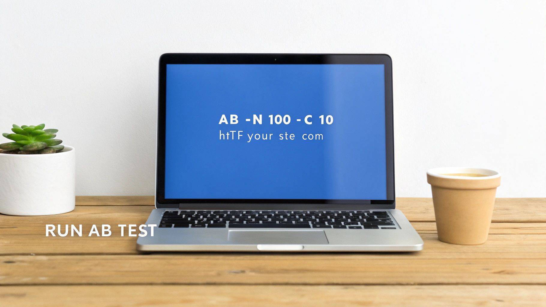 A laptop screen displaying 'AB -N 100 -C 10' and 'htTF your ste com' with 'RUN AB TEST' overlaid on the desk.