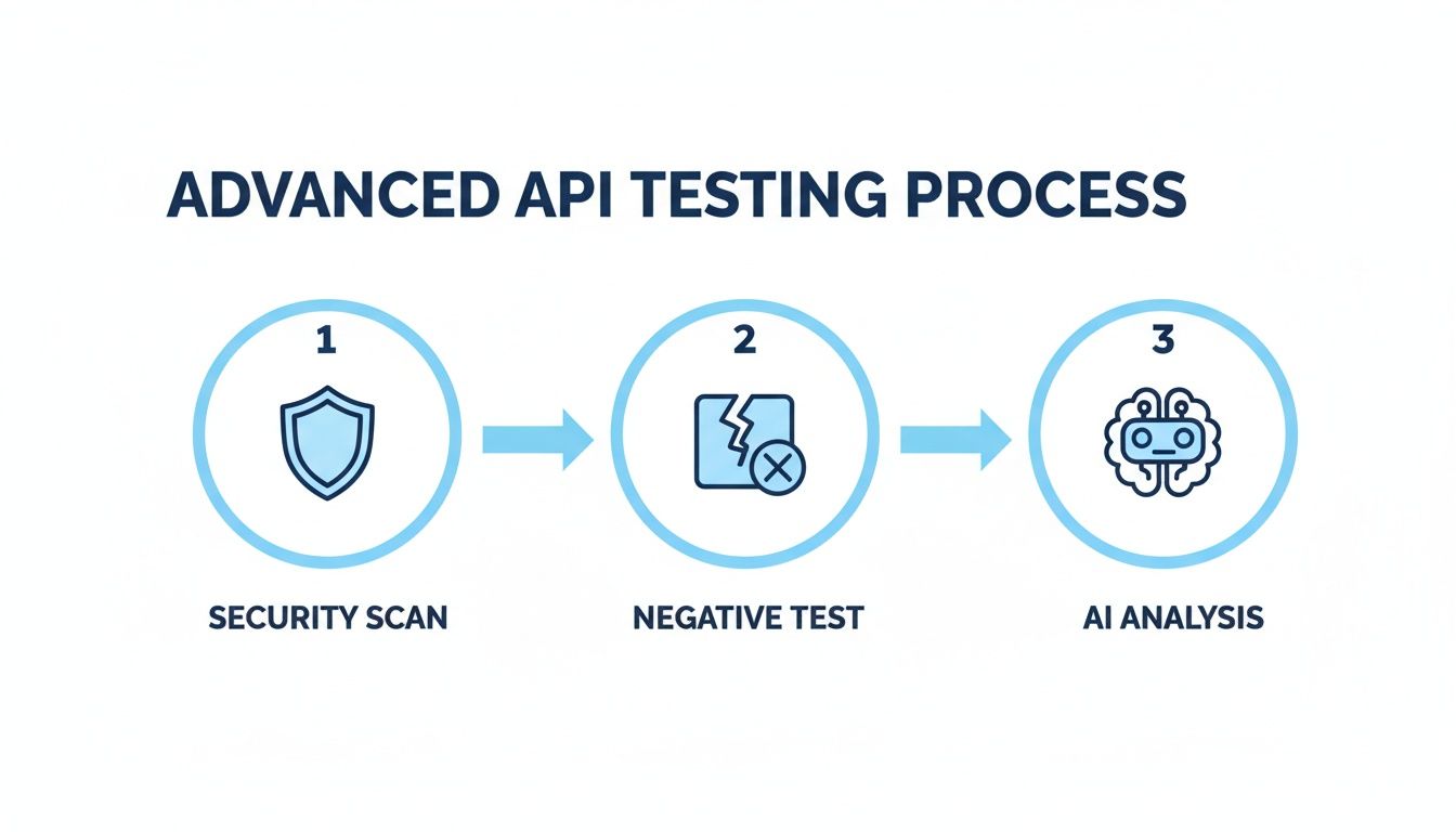 Diagram illustrating the advanced API testing process with security scan, negative test, and AI analysis.