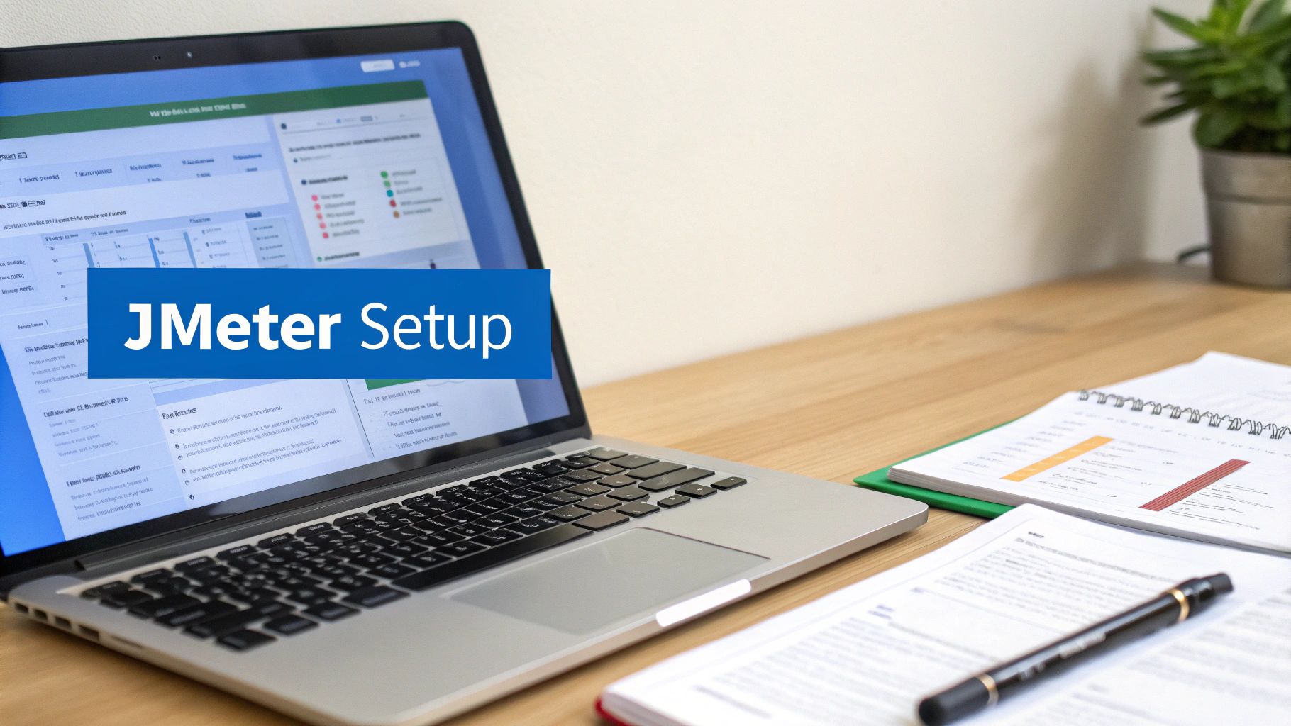 A laptop screen displays a "JMeter Setup" banner over a dashboard, with documents on a wooden desk.