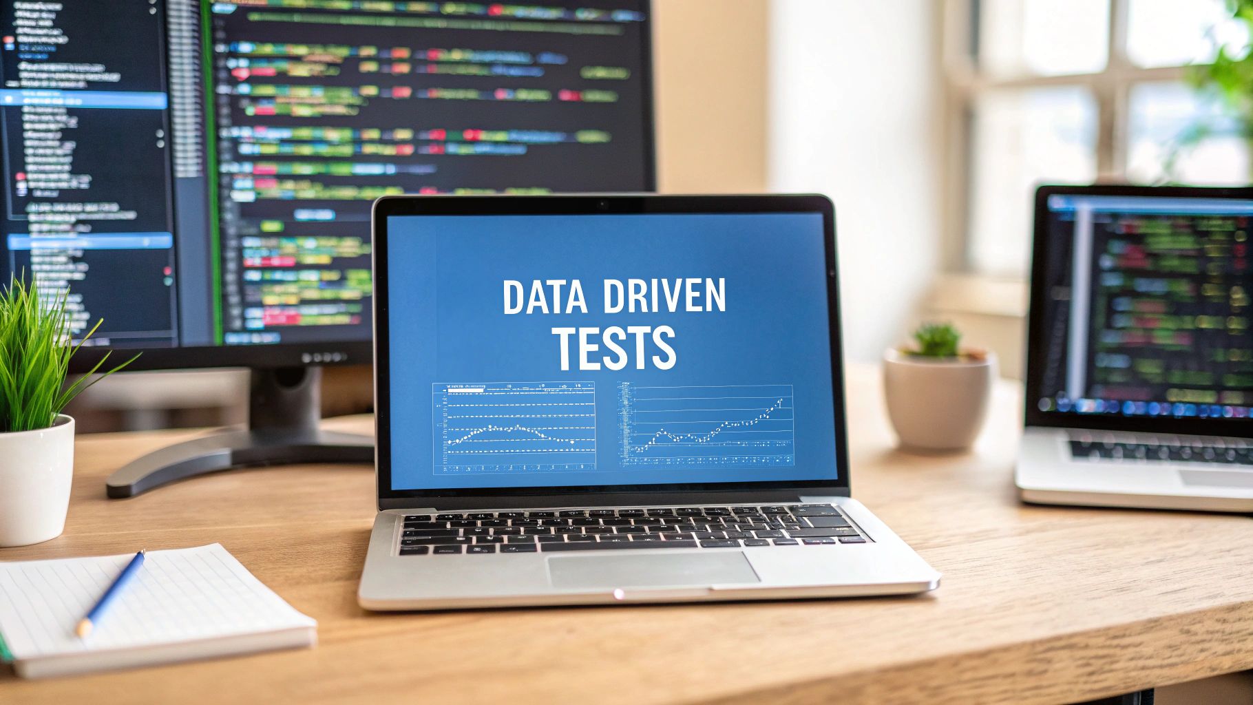 A photo-realistic developer desk setting with a laptop displaying blurred HTTP traffic charts and code in the background, 'Data Driven Tests' text centered on a solid background block in the golden ratio position, surrounded by subtle network diagrams and replay waveforms softly framing the scene