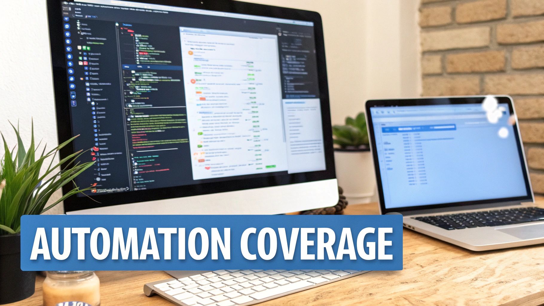 Two computers displaying software code and data, with an 'AUTOMATION COVERAGE' text banner on a desk.