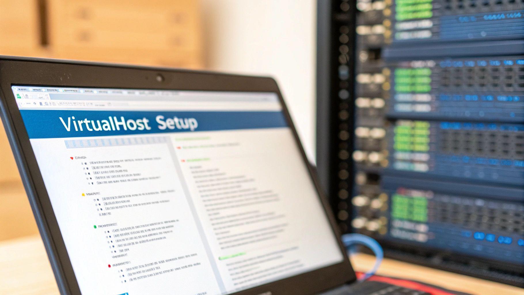 A laptop displaying a 'VirtualHost Setup' webpage, with a blurred server rack in the background.