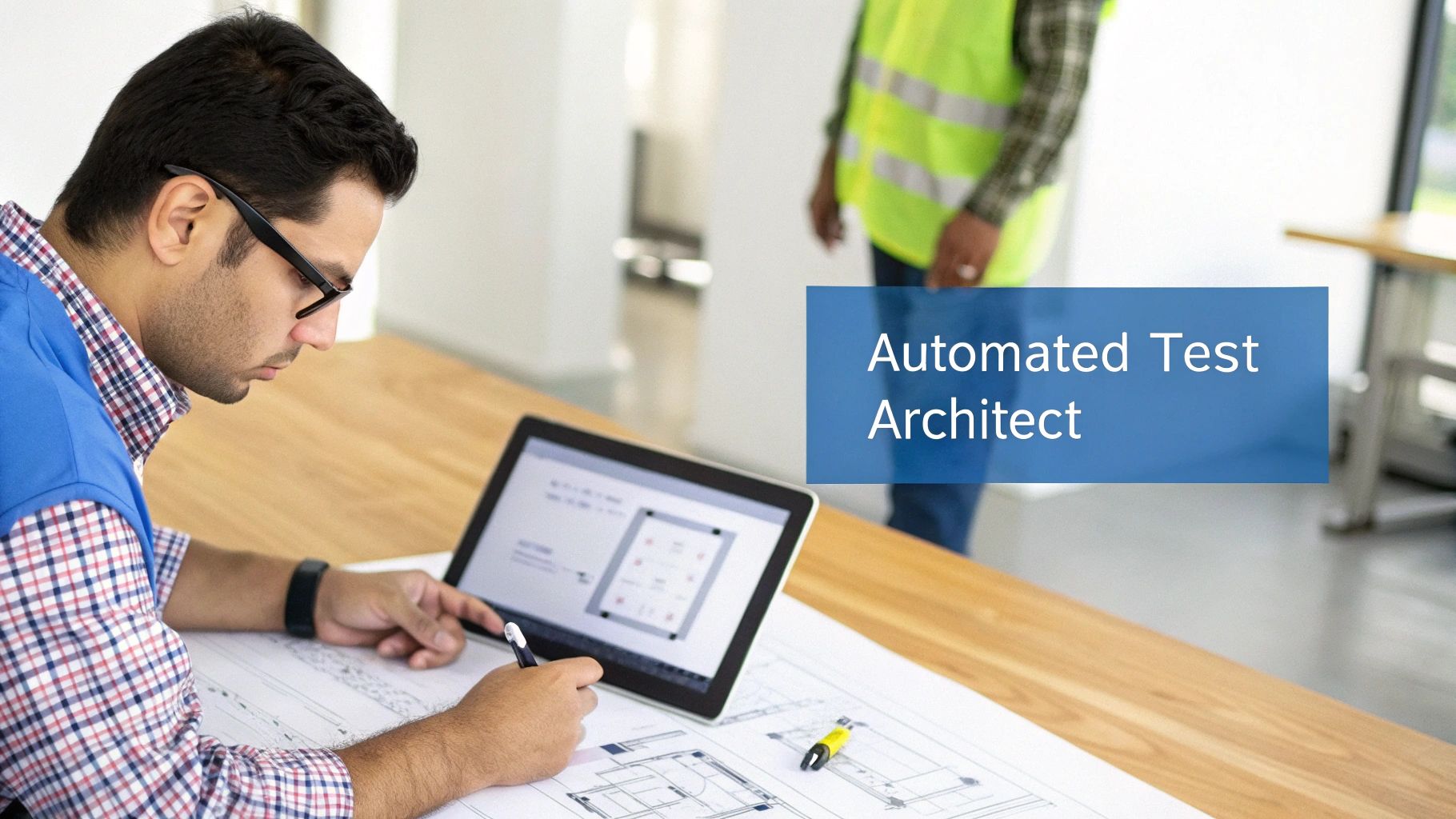 A focused architect reviews technical drawings and a tablet display, with 'Automated Test Architect' text overlay.