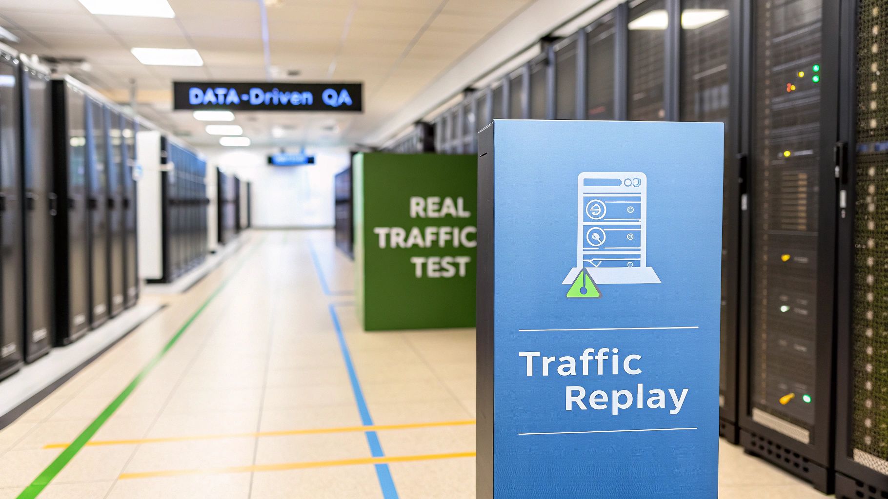 - A photo-realistic server room with blurred racks and subtle streaming network visualizations, featuring âData-Driven QAâ text centered on a solid background block at the golden ratio position
- A close-up of a console displaying masked JSON traffic logs and sanitized data entries, featuring âReal Traffic Testâ text prominently on a solid background block in the center of the frame
- An abstract flow of HTTP request arrows converging on a testing dashboard interface, featuring âTraffic Replayâ text as the central focal point on a solid background block