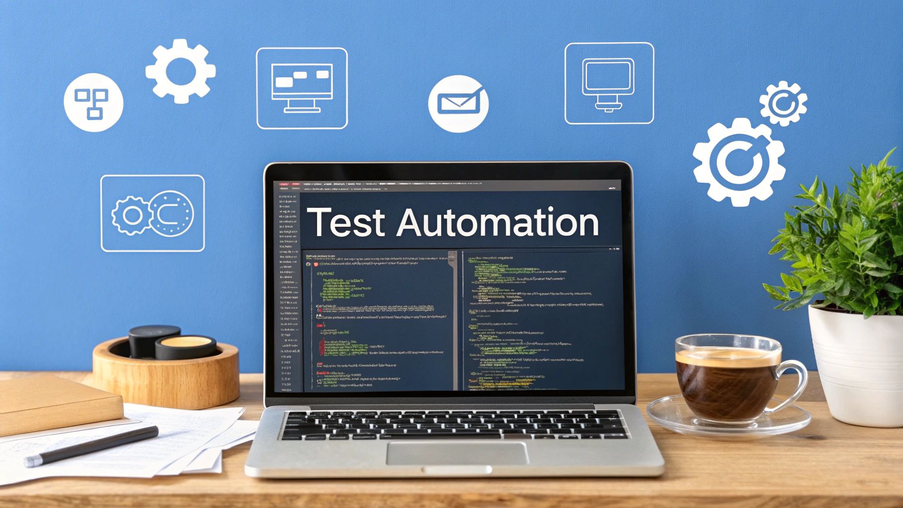 - A photo-realistic developer desk scene with a laptop showing Python code and stylized test suite icons in the background, featuring 'Test Automation' text centered on a solid background block in the golden ratio position