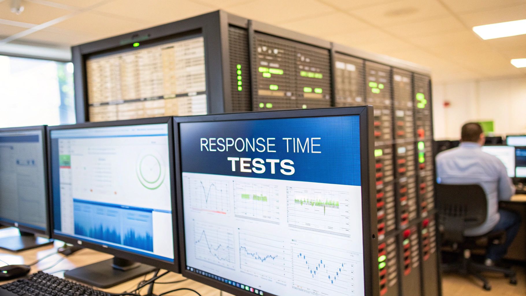 Photo-realistic image of a network operations center with softly blurred monitoring screens showing latency graphs and server racks in the background, featuring 'Response Time Tests' text centered on a solid background block in the golden ratio position with sharp, high-contrast edges, in Brand & Text Realism style.