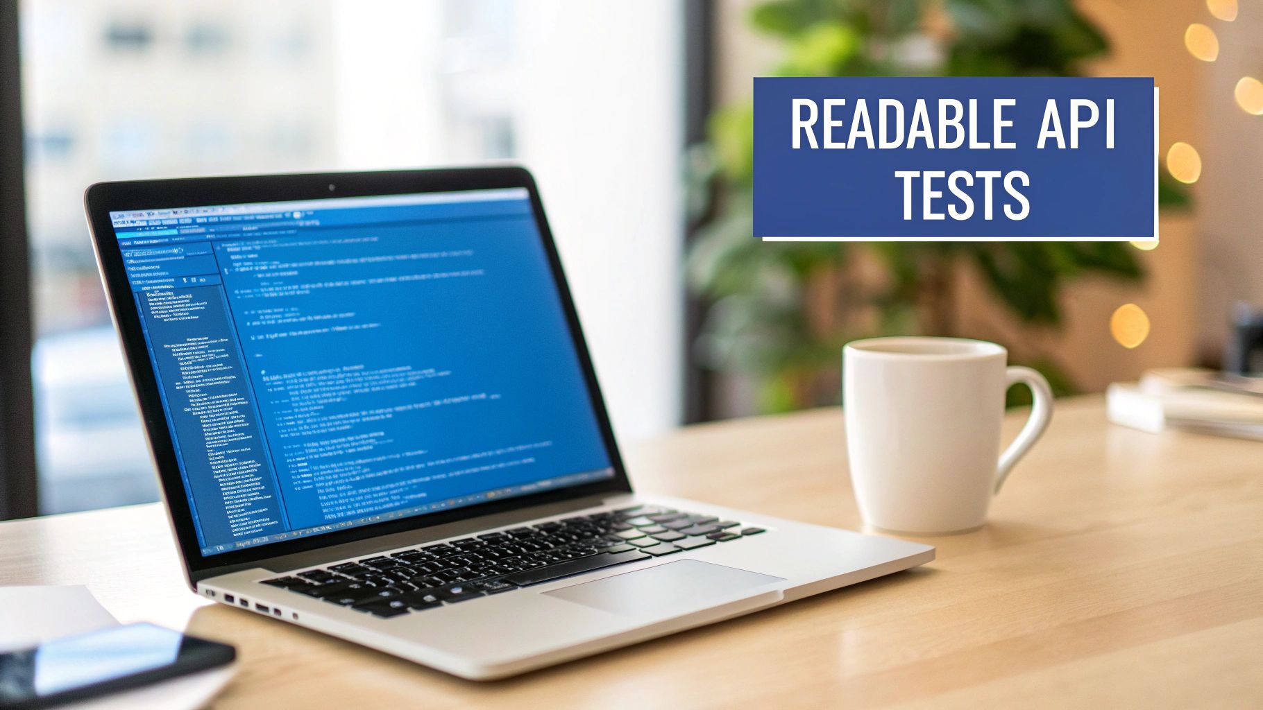 A laptop displaying code and a text overlay 'READABLE API TESTS' with a white coffee mug on a desk.
