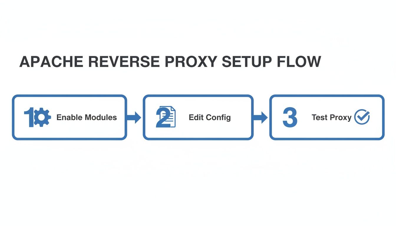 Flowchart illustrating three steps for Apache reverse proxy setup: enable modules, edit config, test proxy.