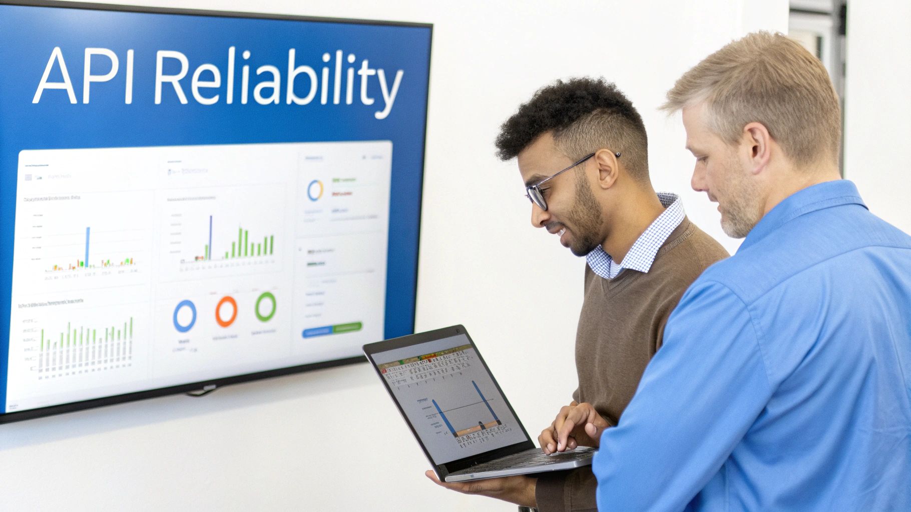 Two men analyze API reliability data on a laptop and large screen display, discussing performance metrics.