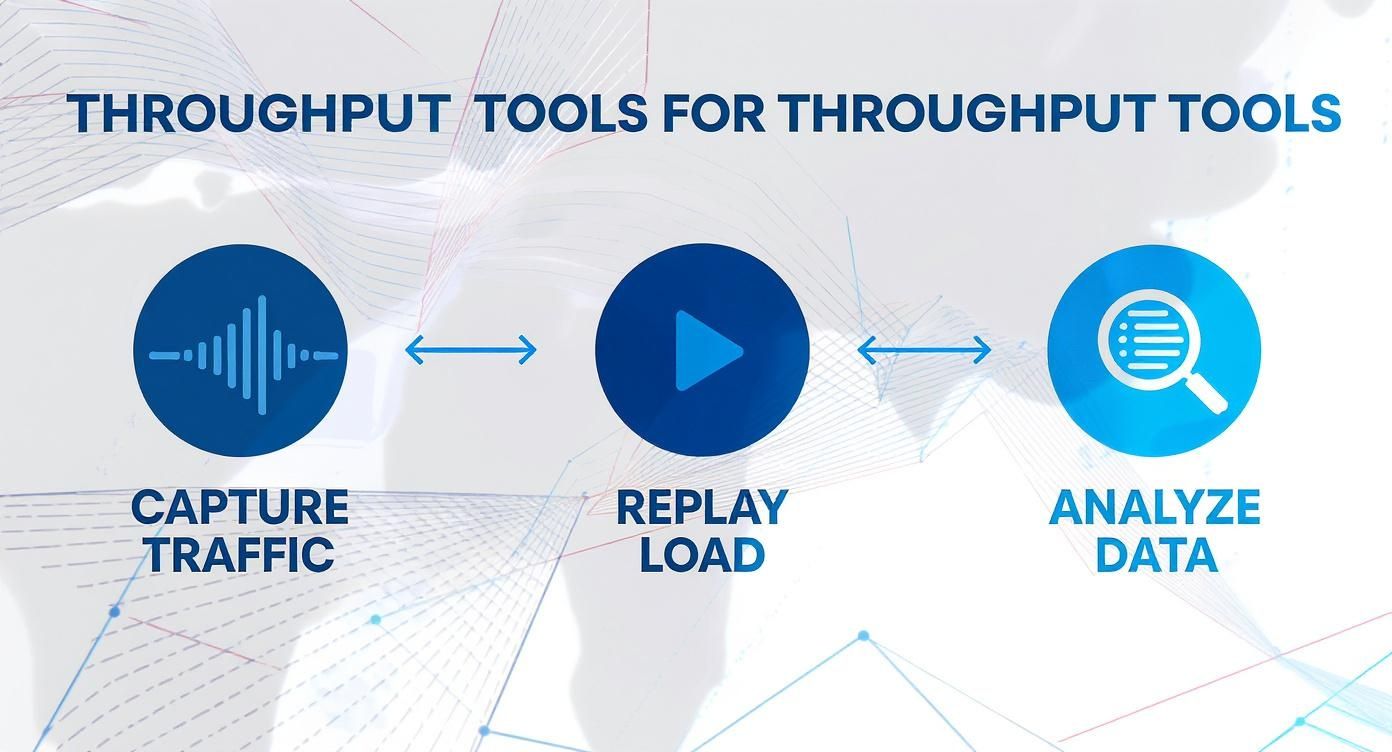 Visual diagram showing a three-step process: Capture Traffic, Replay Load, and Analyze Data for throughput tools.