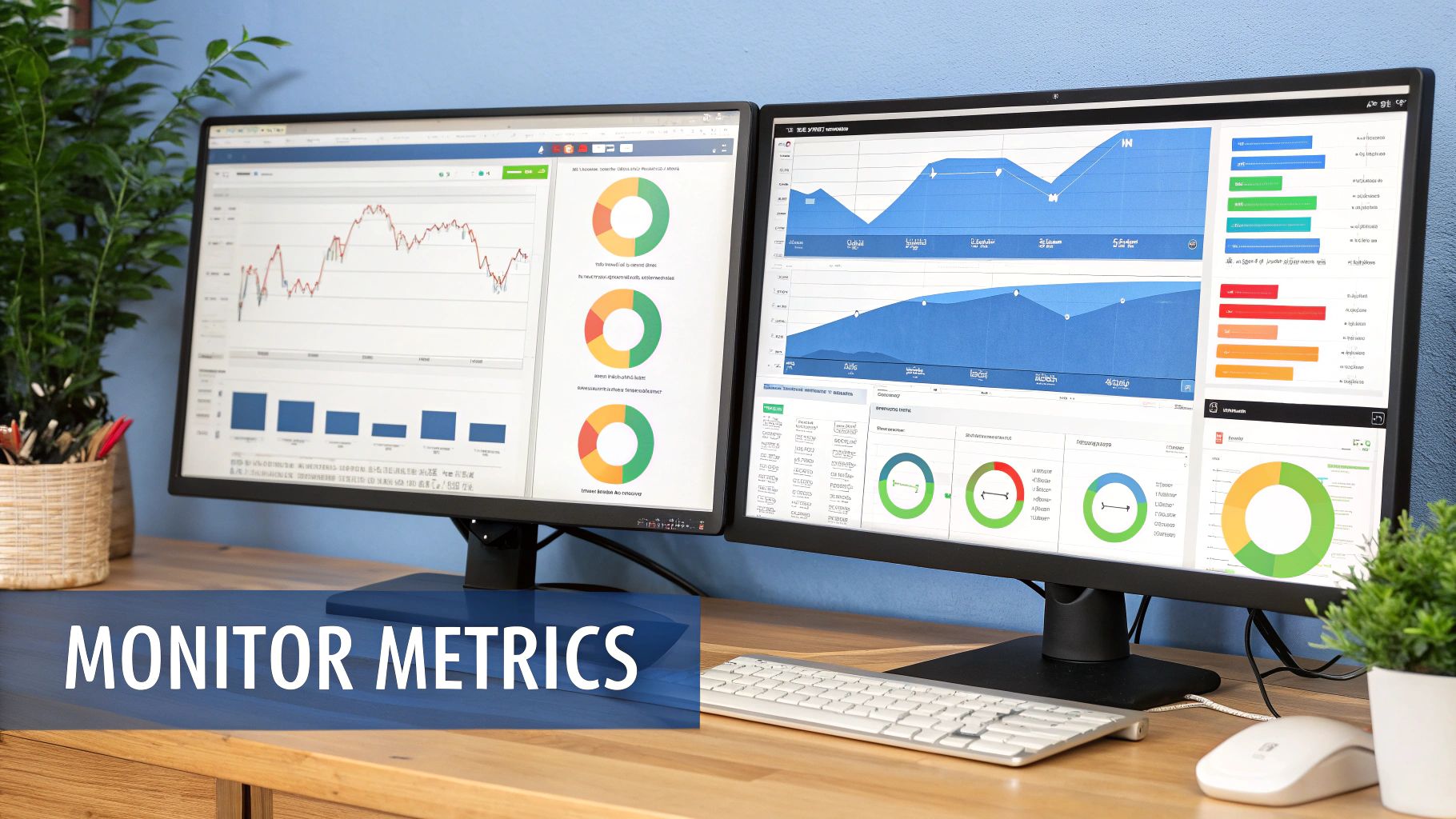 Two computer monitors displaying various business charts, graphs, and data analysis on a wooden desk.