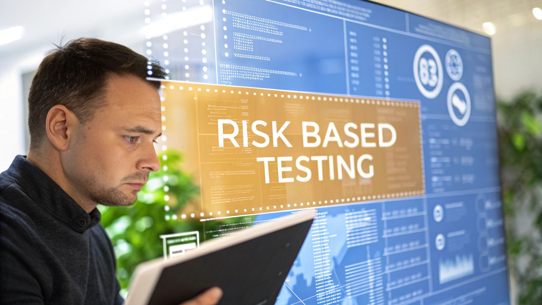 A photo-realistic scene of a QA engineer analyzing a glowing risk matrix on a digital dashboard, surrounded by faint blurred code snippets and test plan schematics, with 'Risk Based Testing' text prominently displayed on a solid background block in the golden ratio position