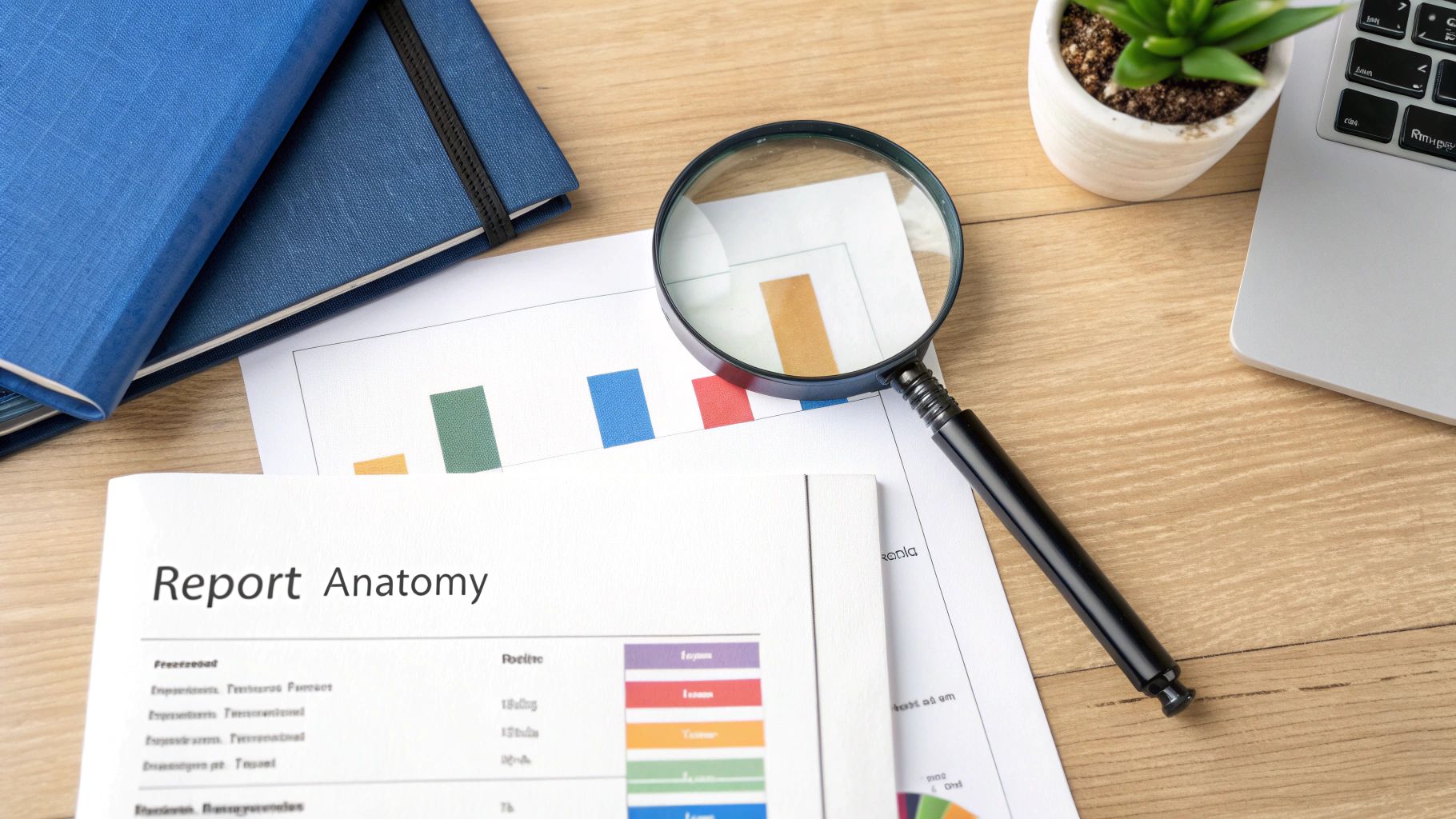 A magnifying glass rests on a report with colorful bar charts, surrounded by notebooks, a plant, and a laptop on a wooden desk.