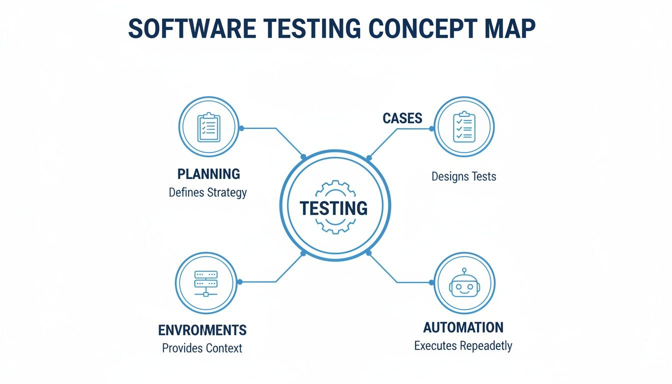 A software testing concept map showing planning, test cases, environments, and automation elements.