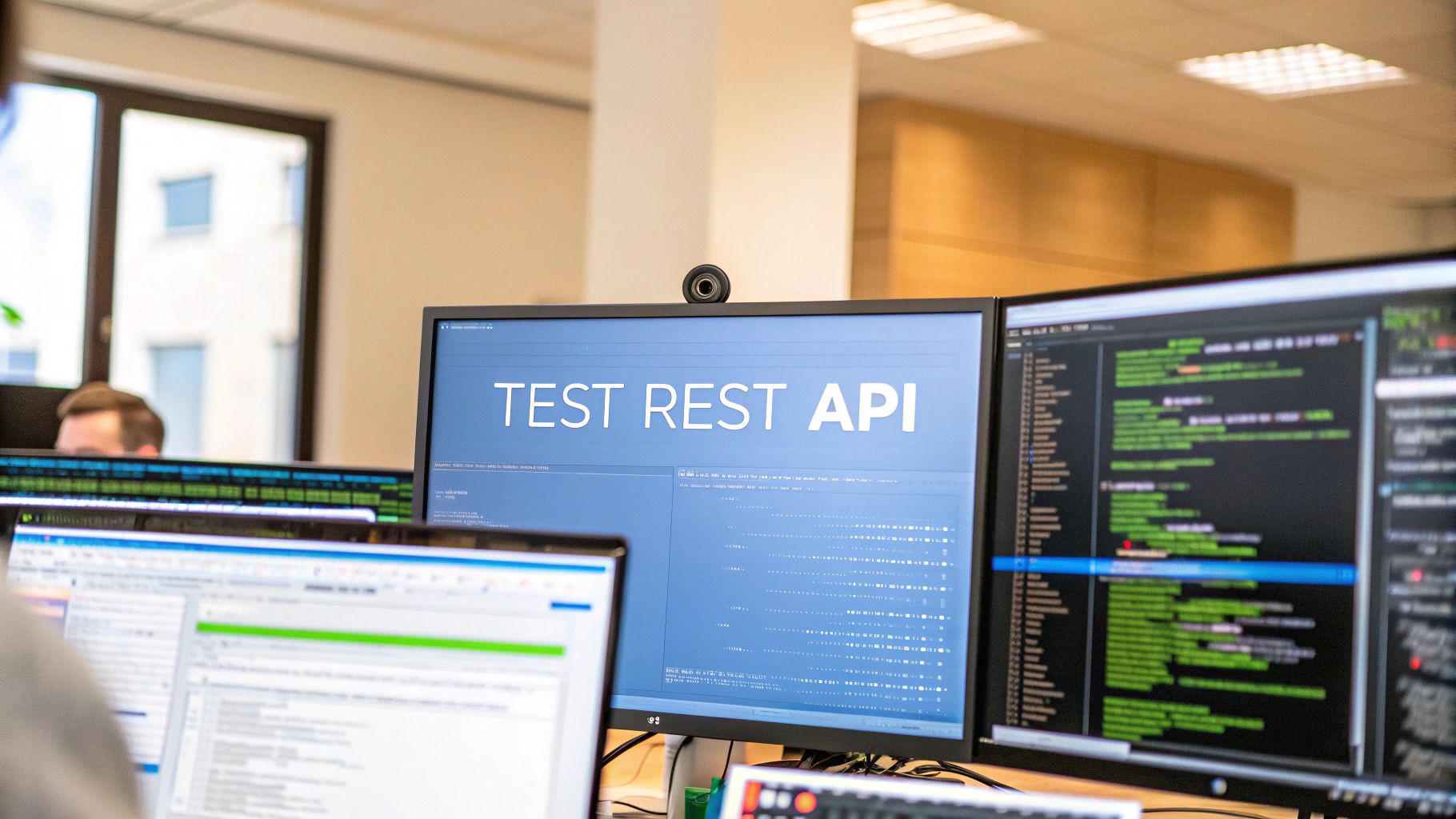 - A modern DevOps workspace with monitors displaying code snippets and performance charts, featuring “Test REST API” text centered on a solid background block at the golden ratio position, surrounded by slightly blurred API request diagrams and network topology to emphasize practical testing workflow