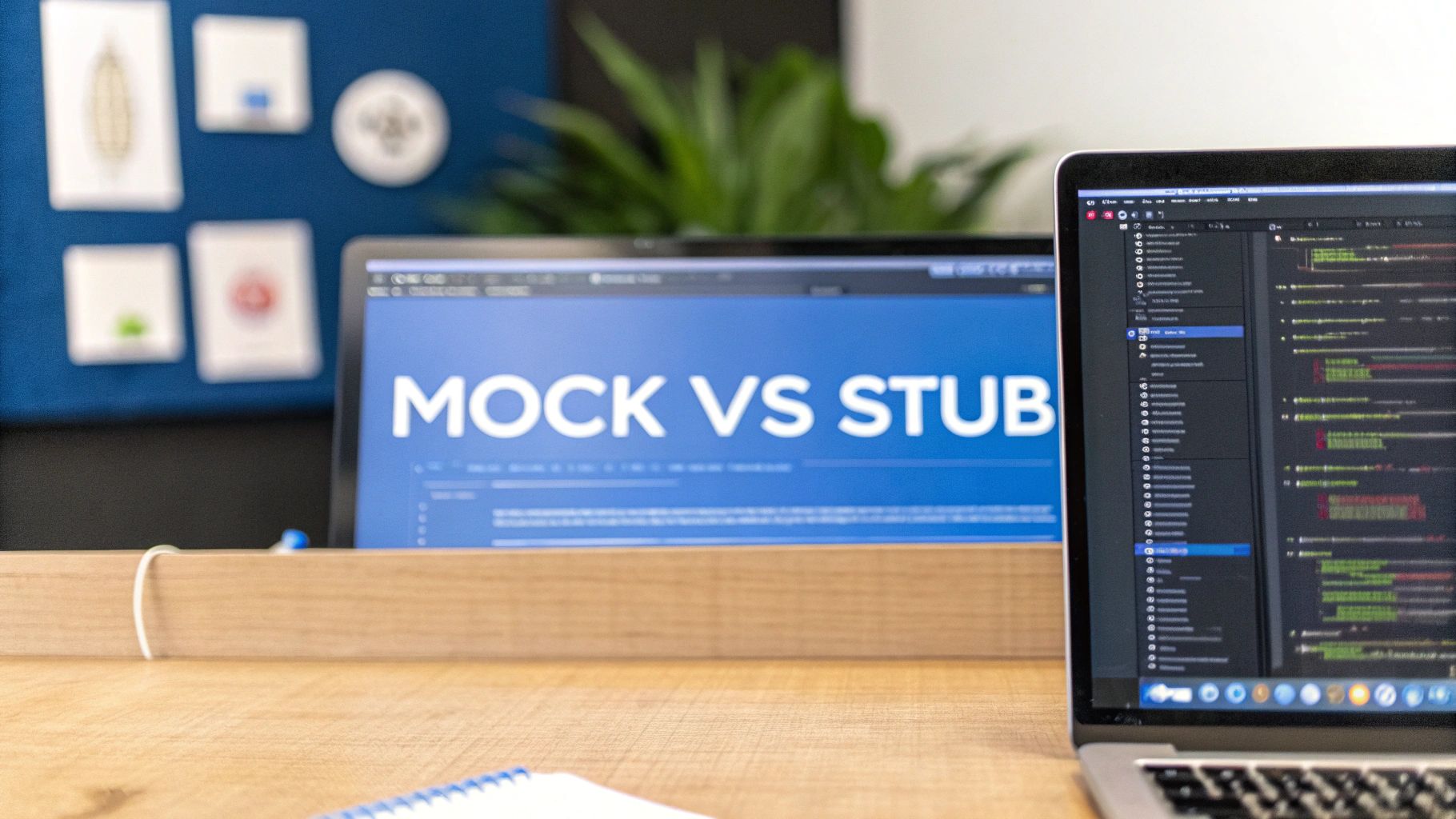 - A minimalist developer workspace with a laptop displaying blurred unit test code and subtle icons representing stubs and mocks in the background, featuring "Mock vs Stub" text centrally placed on a solid background block in the golden ratio position, photo-realistic surroundings slightly subdued to highlight the sharp, high-contrast text