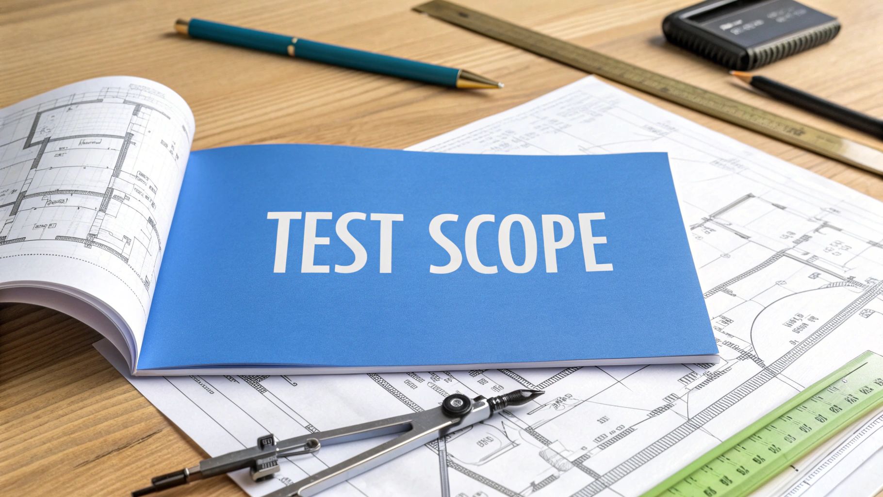 - A photo-realistic workspace featuring an open architectural blueprint and a faint roadmap sketch in the background, with 'Test Scope' text centered on a solid background block in the golden ratio position, and subtle measuring tools and schematic lines framing the scene