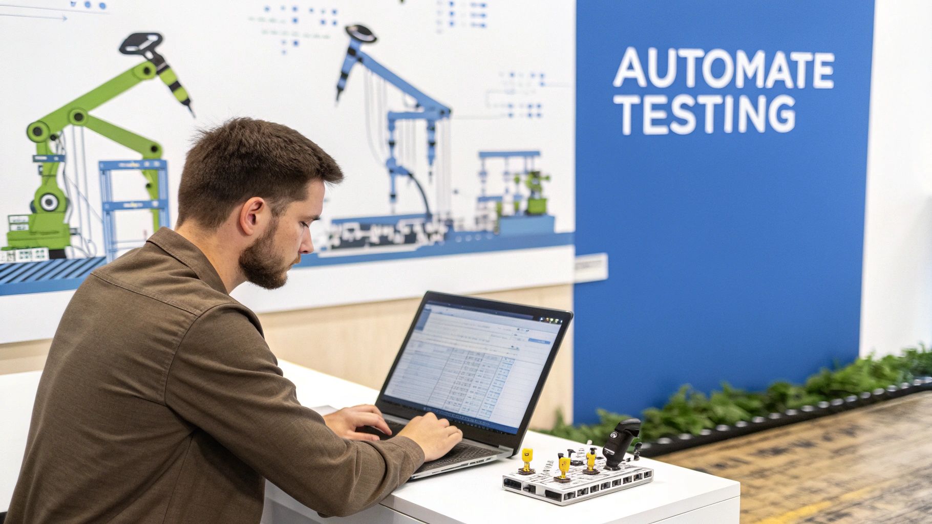A man focuses on his laptop, using an automation testing setup in an office environment.