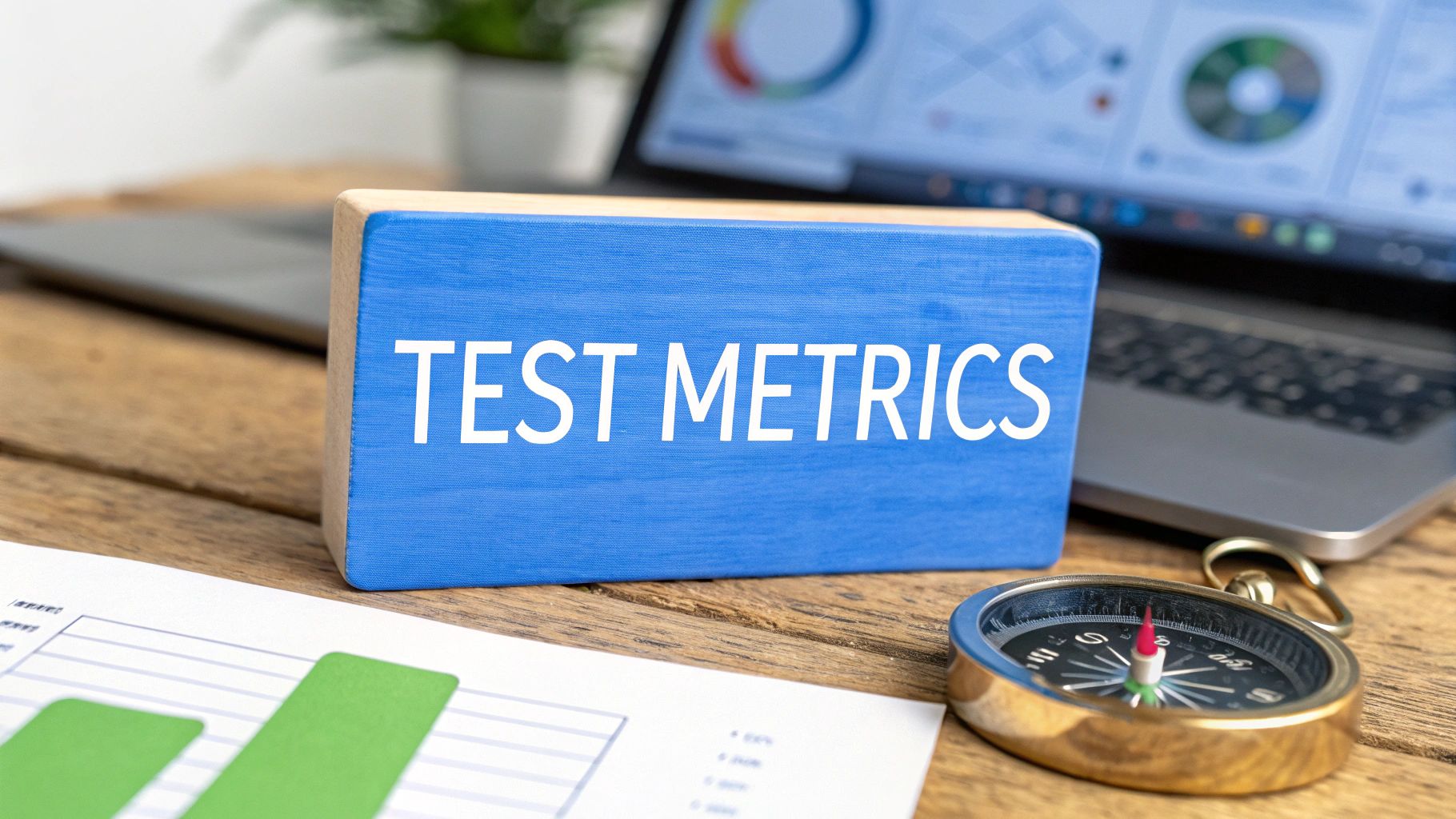 Photo-realistic image where "Test Metrics" text serves as the central focal point on a solid background block positioned in the golden ratio, set against a blurred software QA dashboard and subtle testing icons. Surrounding imagery is subdued with faint code snippets, charts, and a subtle compass motif to highlight guidance and precision.