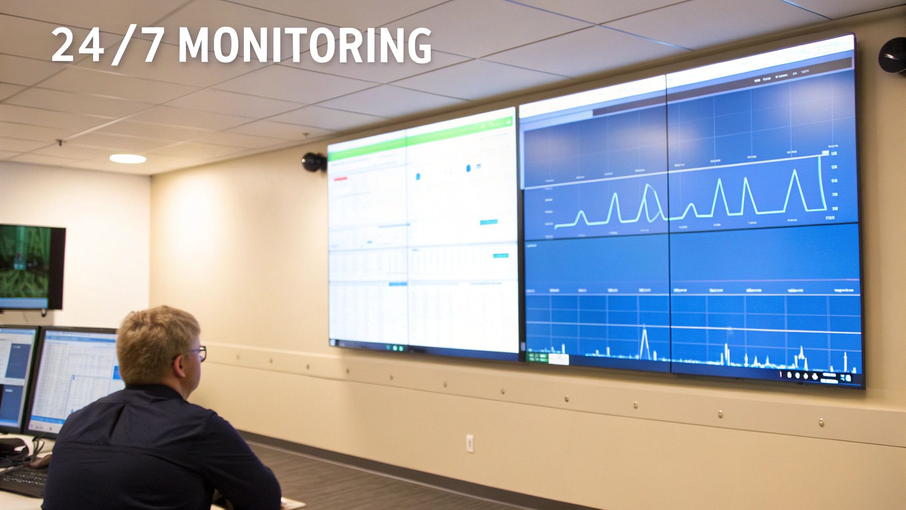 A person monitors multiple screens displaying data and graphs in a control room, emphasizing 24/7 monitoring.