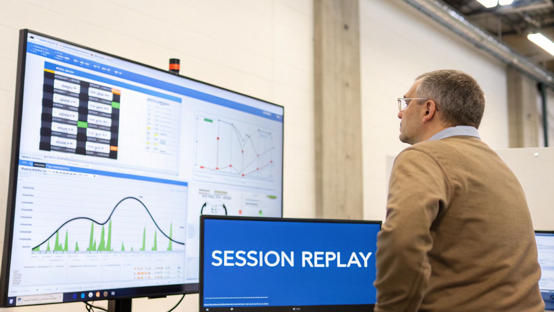 Man in a brown sweater and glasses observing multiple computer monitors displaying data visualizations and 'Session Replay' text.