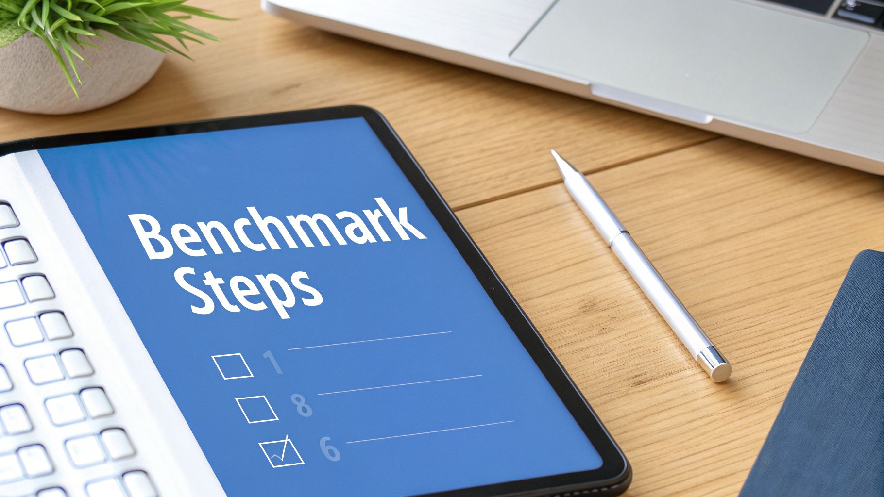 A tablet showing 'Benchmark Steps' with a checklist, item '6' checked, next to a pen on a wooden desk.