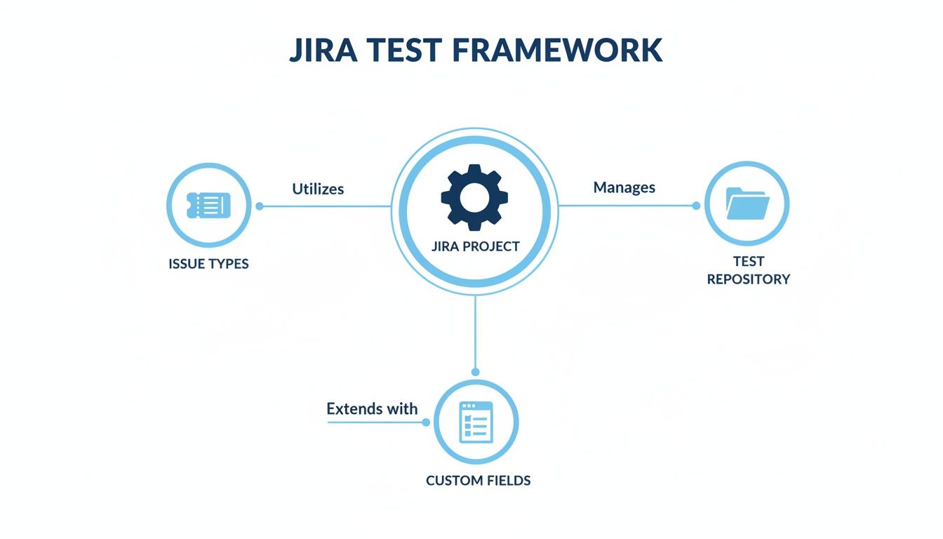 Jira test framework diagram showing how a Jira project interacts with issue types, test repository, and custom fields.