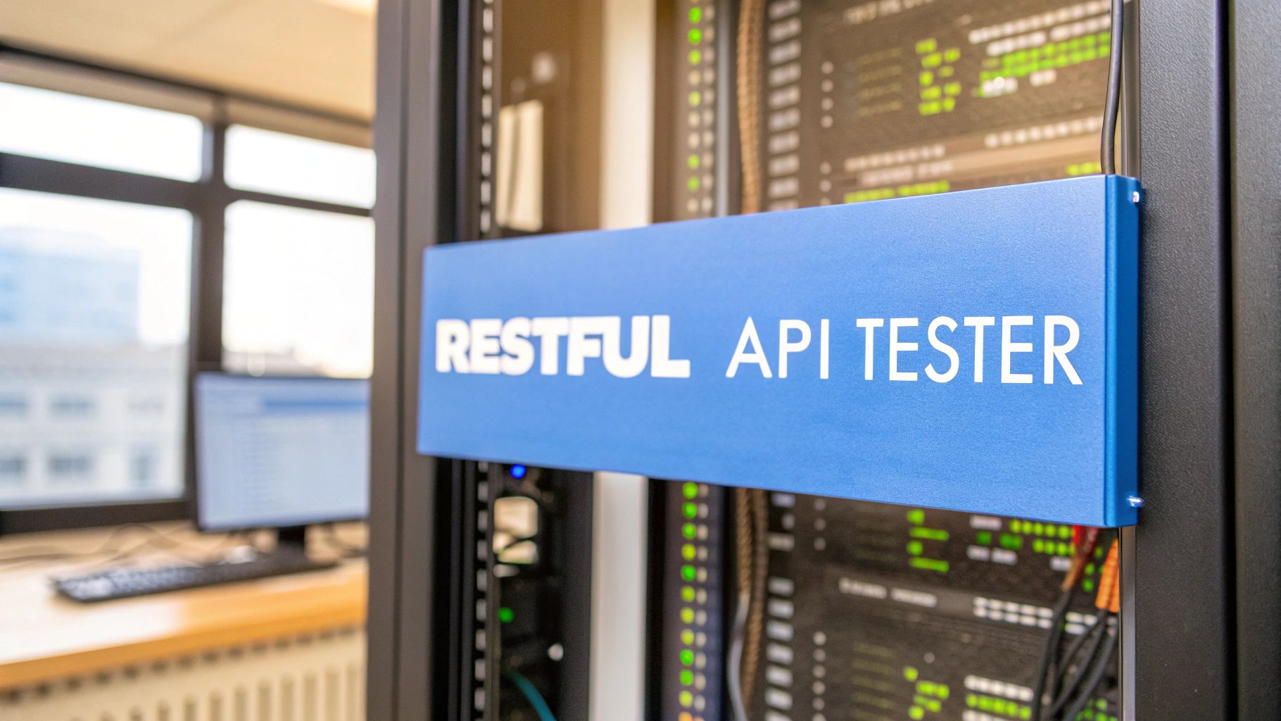 A photo-realistic close-up of a modern server room with blurred terminal screens showing HTTP logs, featuring 'RESTful API Tester' text centered on a solid rectangular background block at the golden ratio position, sharp legible font, subtle network cables and a terminal window silhouette in the background, high contrast focus on text while equipment remains softly lit and secondary