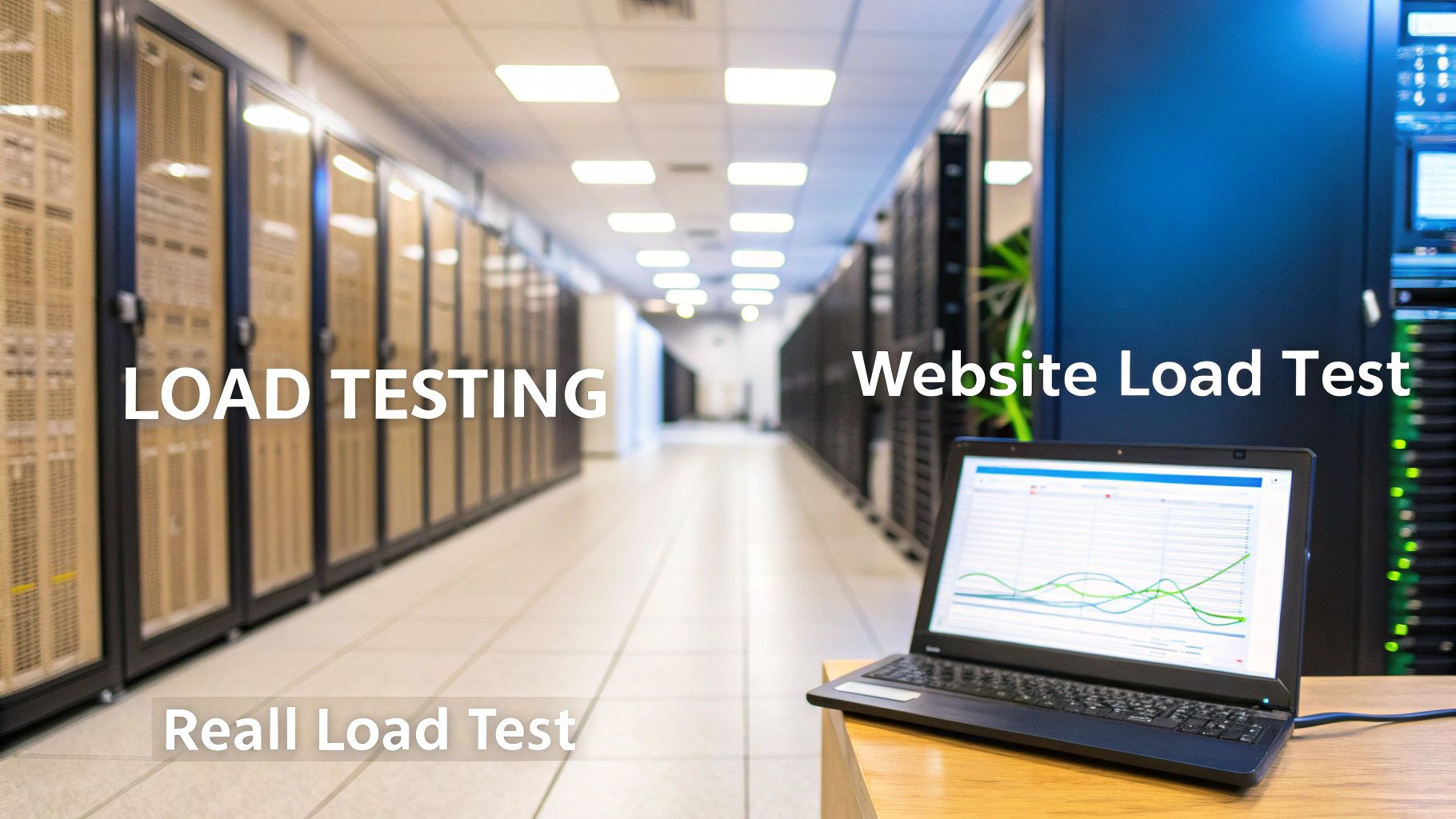 - A photo-realistic data center aisle with rows of server racks softly blurred in the background, featuring âLoad Testingâ text centered on a solid background block in the golden ratio position, sharp edges, high contrast
- A minimalist workspace with a laptop displaying performance graphs and network interfaces in the blurred background, with âWebsite Load Testâ text prominently displayed on a solid background block at the center, clear legible typography
- An abstract traffic flow visualization overlaid on a faint circuit board pattern, featuring âReal Load Testâ text as the central element on a solid background block, photorealistic minimal composition