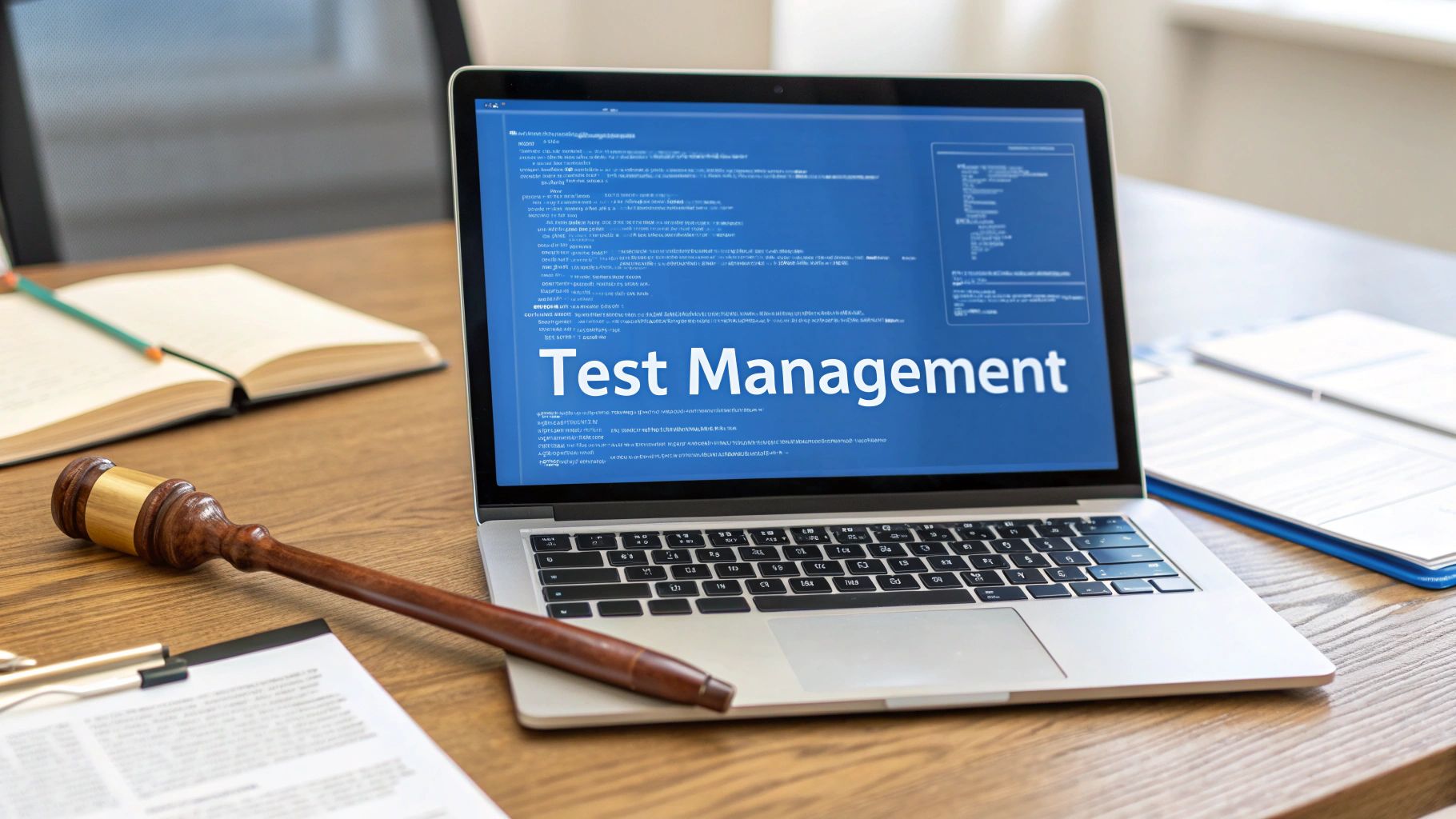 A modern office desk with a laptop showing blurred code and flow diagrams, a conductor’s baton resting beside it as a metaphor, “Test Management” text centered on a solid background block in the golden ratio position, surrounding devices and documents softly out of focus to emphasize the sharp, high-contrast text, photo-realistic brand & text realism style