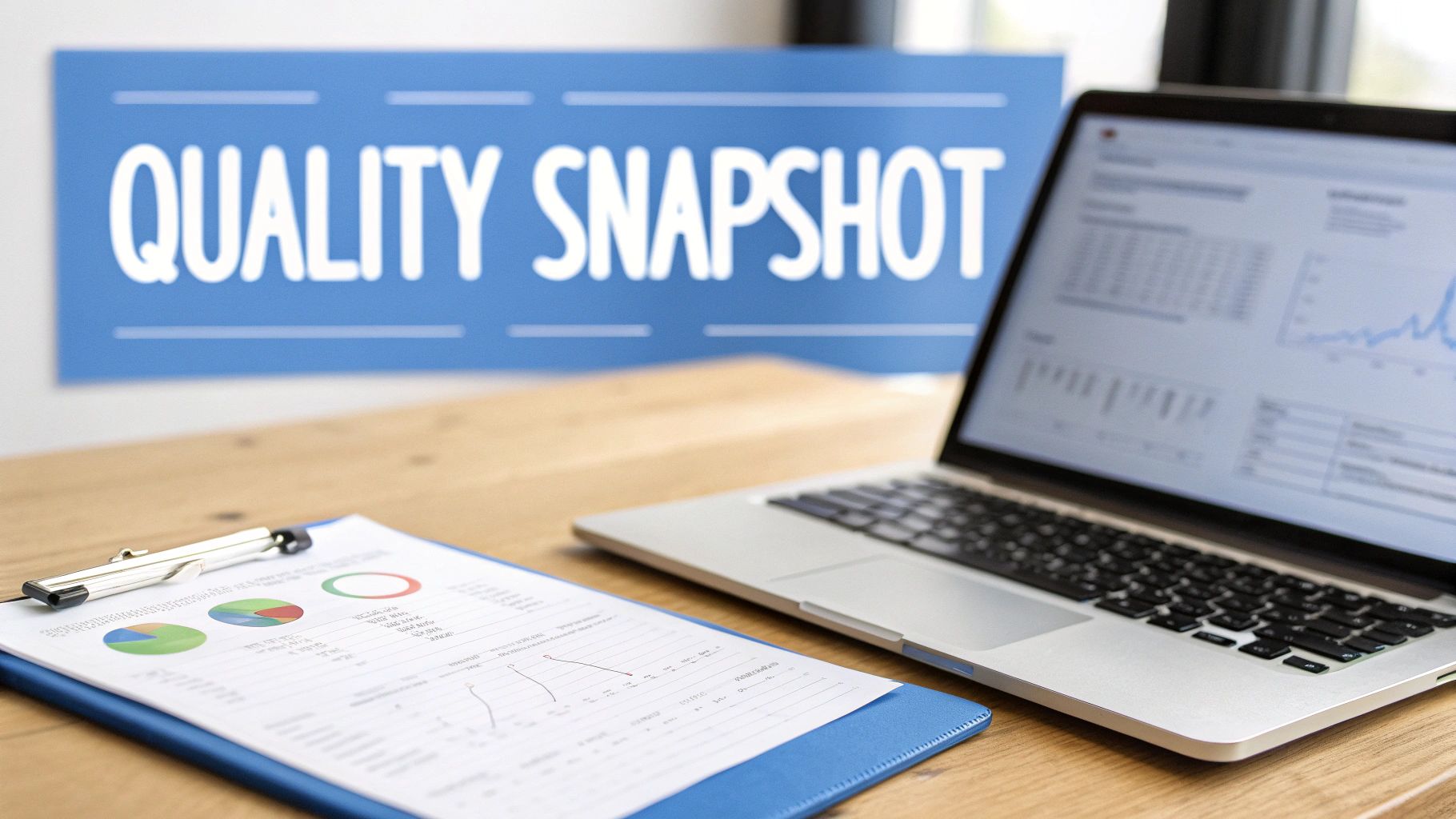Quality snapshot report on a blue board behind a laptop and business analytics documents.