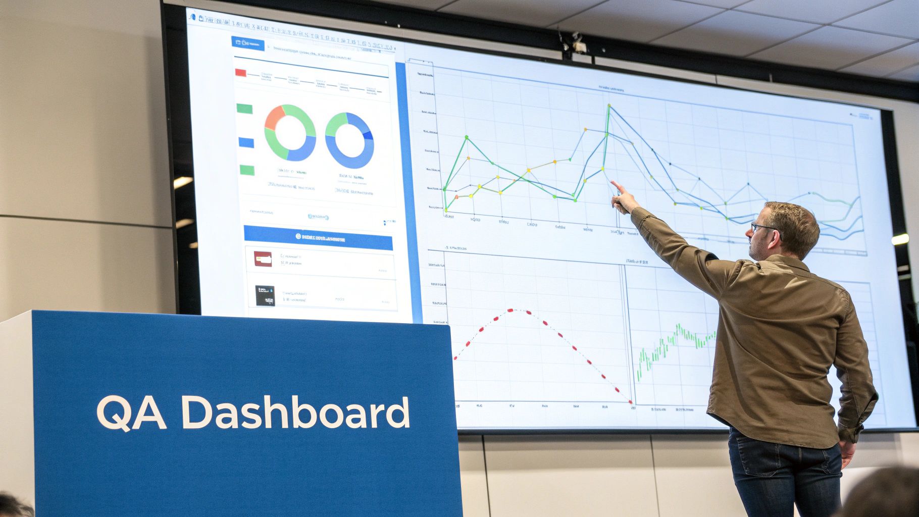 A man points at a large screen displaying a QA dashboard with various software testing metrics and charts.