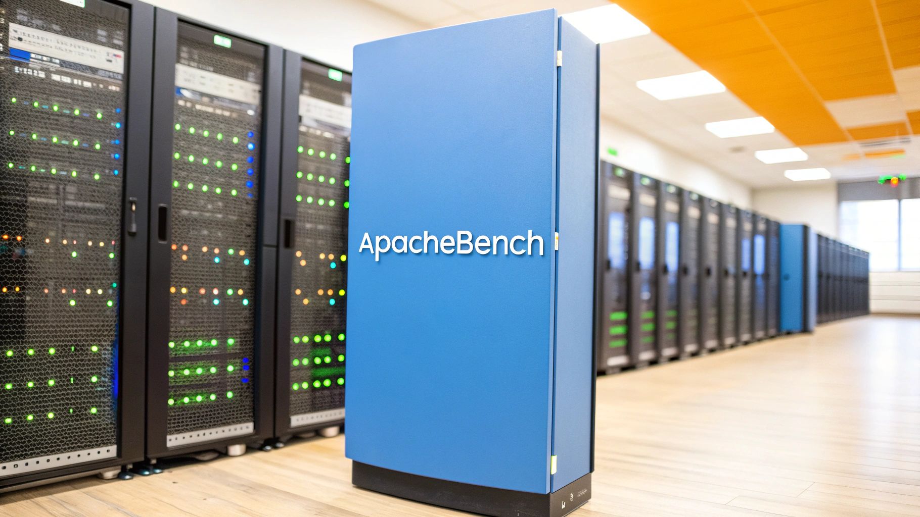 - A photo-realistic server room with racks of blinking LED servers in soft focus, featuring "ApacheBench" text as the central focal point on a solid background block at the golden ratio position, surrounded by subtle network graphs and terminal windows, brand & text realism style